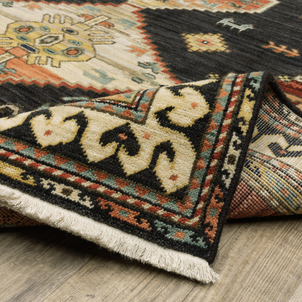 Charcoal and Vibrant Colored Stain-Resistant Oriental Area Rug with Fringe