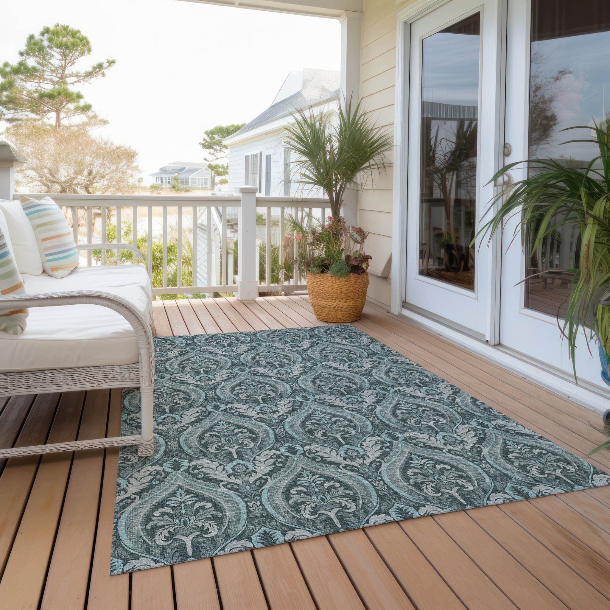 Stylish Washable and Stain - Resistant Non - Skid Damask Design Indoor Outdoor Runner Rug Measuring 27 Inches by 90 Inches