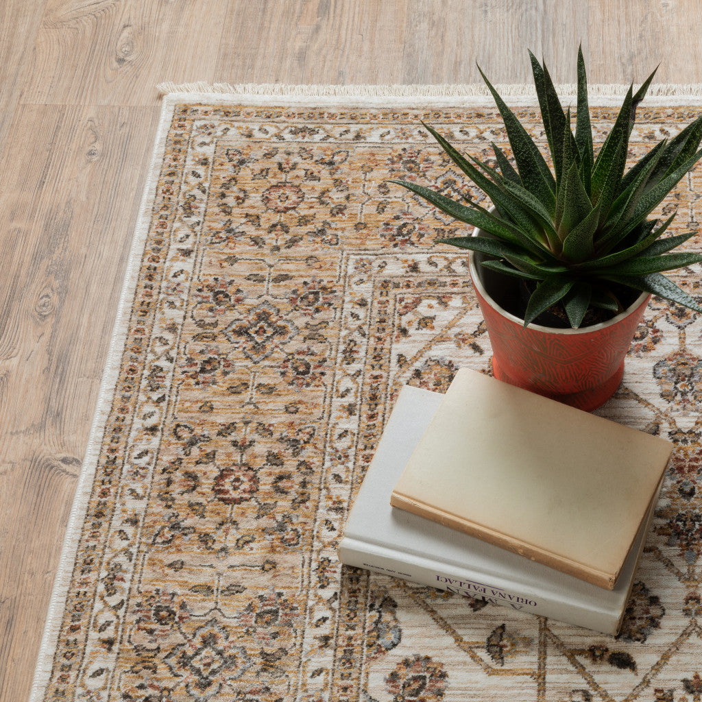 Stylish Stain-Resistant Gold and Ivory Oriental Fringed Runner Rug for Homes