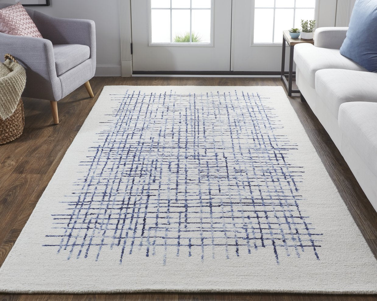 Soft Neutrals and Deep Blues Hand-Tufted Wool Abstract Rug for Contemporary Homes
