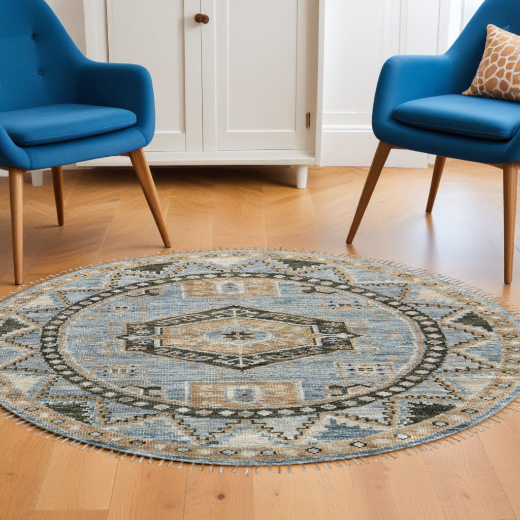 Exquisite Hand-Knotted Wool Area Rug in Elegant Ivory Tan & Blue with Tassels