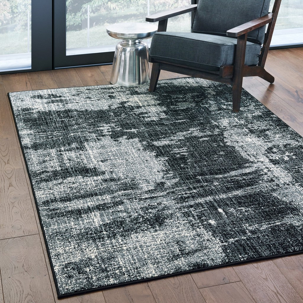 Stylish Black and Ivory Abstract Modern Distressed Design Runner Rug for Trendy Home Interior Decor
