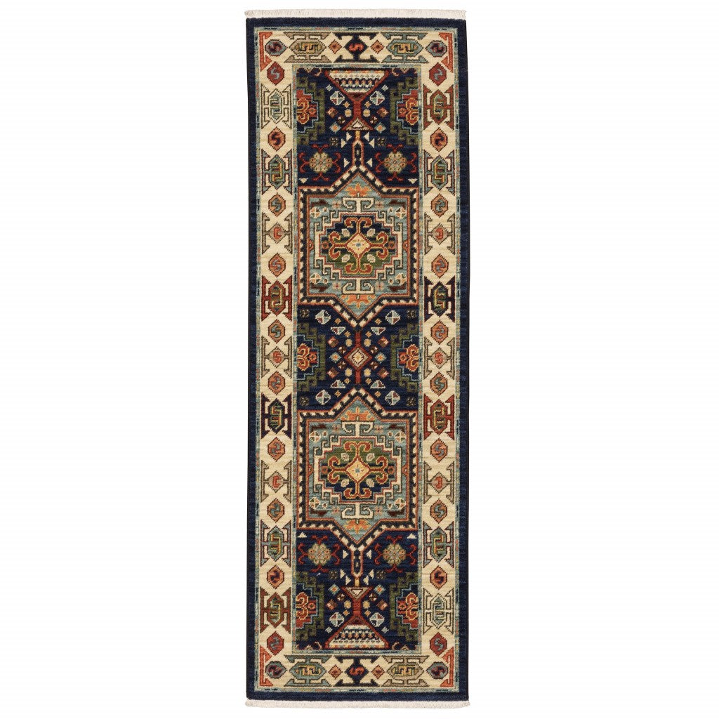 Durable Blue and Ivory Geometric Oriental Scatter Rug for High-Traffic Indoor Areas