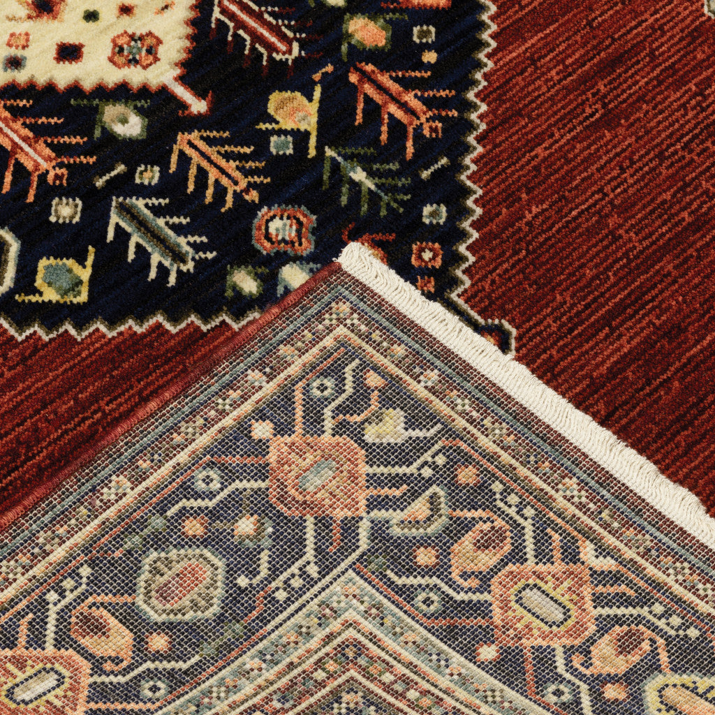 Stylish Red, Blue, and Ivory Stain-Resistant Oriental Runner Area Rug with Elegant Fringed Ends