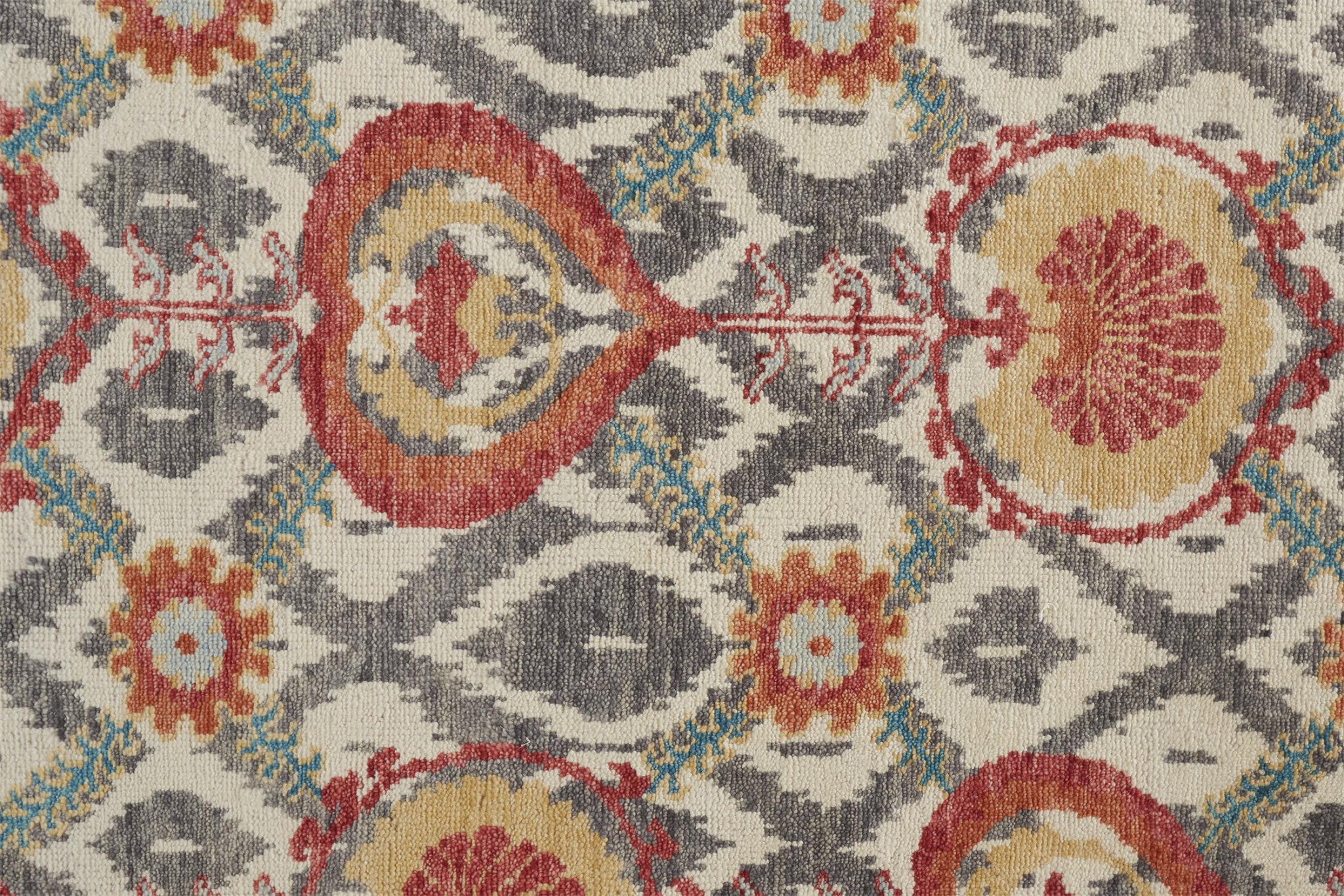 Stain-Resistant Hand-Knotted Wool Area Rug with Orange and Gray Floral Design