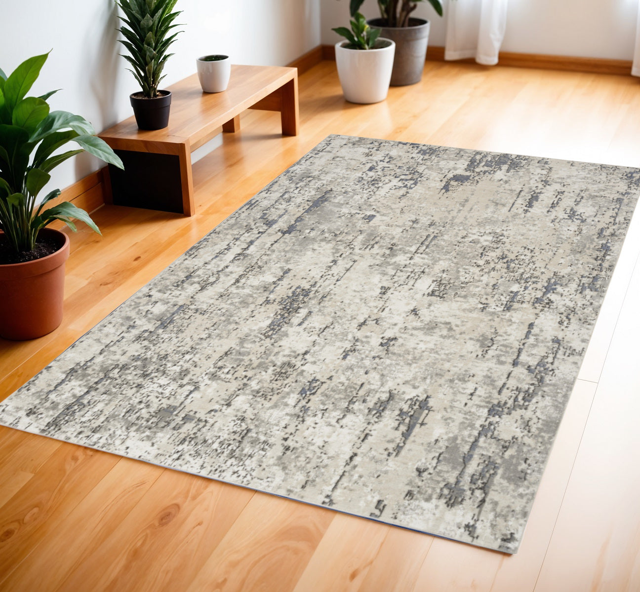 Stylish 4' x 6' Gray and Ivory Abstract Power Loomed Area Rug for Home Decor