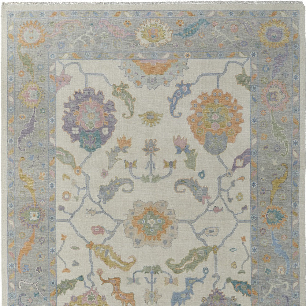 Exquisite Hand-Knotted Wool Floral Area Rug in Gray, Orange, and Ivory with Stain-Resistant Feature for a Cozy Home Ambiance