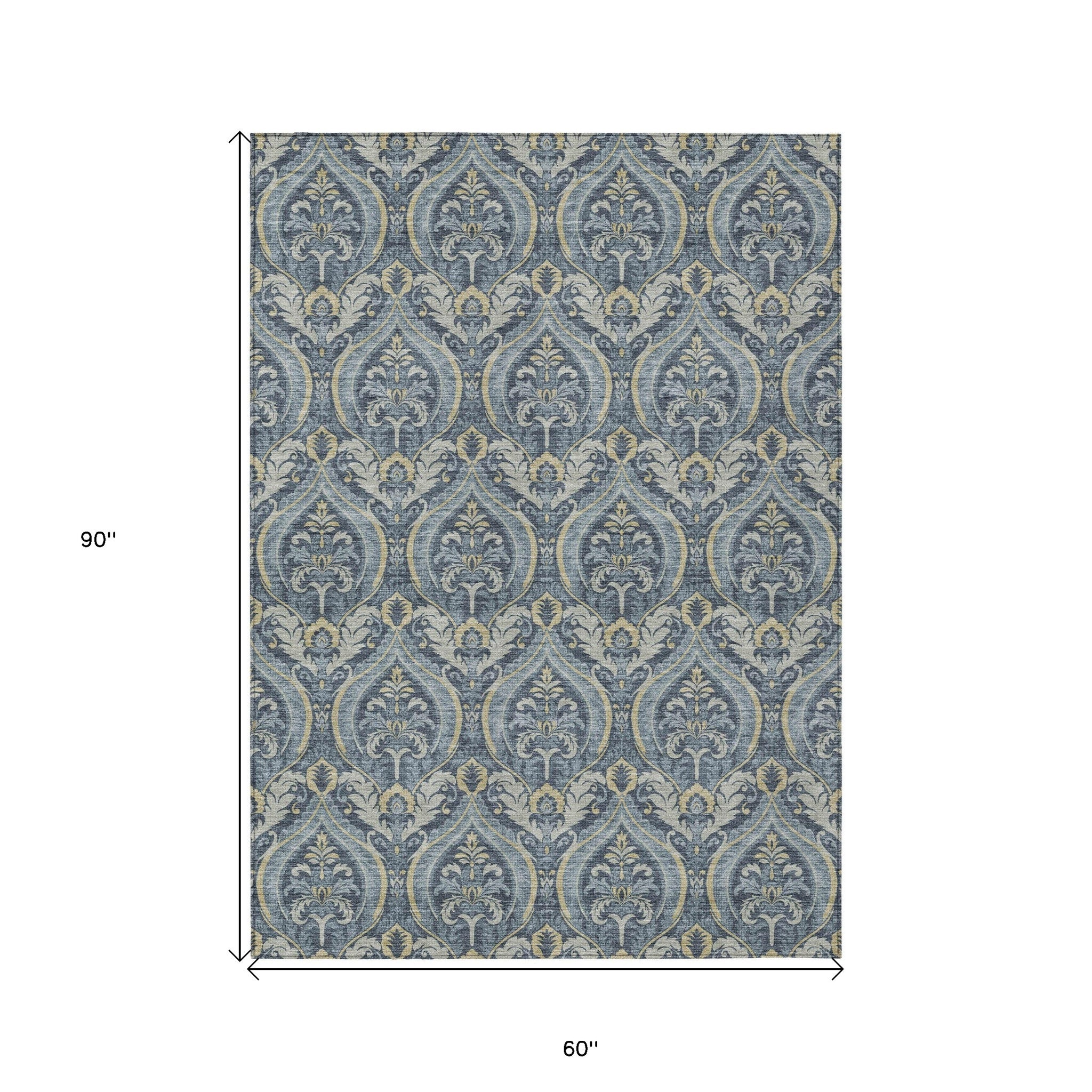 Stylish Washable and Stain - Resistant Non - Skid Damask Design Indoor Outdoor Runner Rug Measuring 27 Inches by 90 Inches