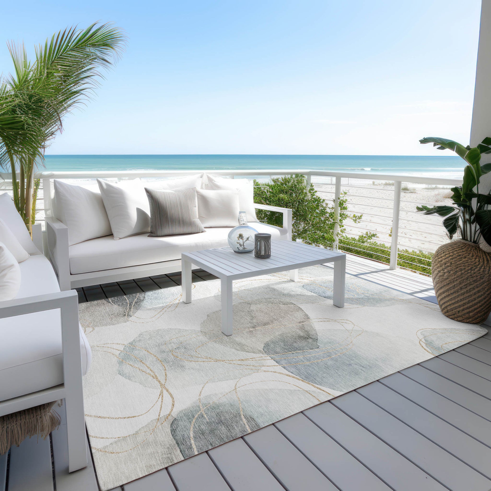 Modern Washable, Non-Skid, Stain-Resistant Green & Ivory Abstract Indoor-Outdoor Runner Rug