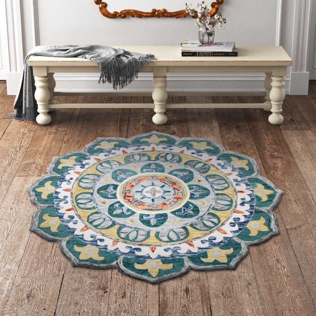 Round Hand - Tufted Wool Teal Floral Mandala Area Rug for Modern and Luxurious Room Decor