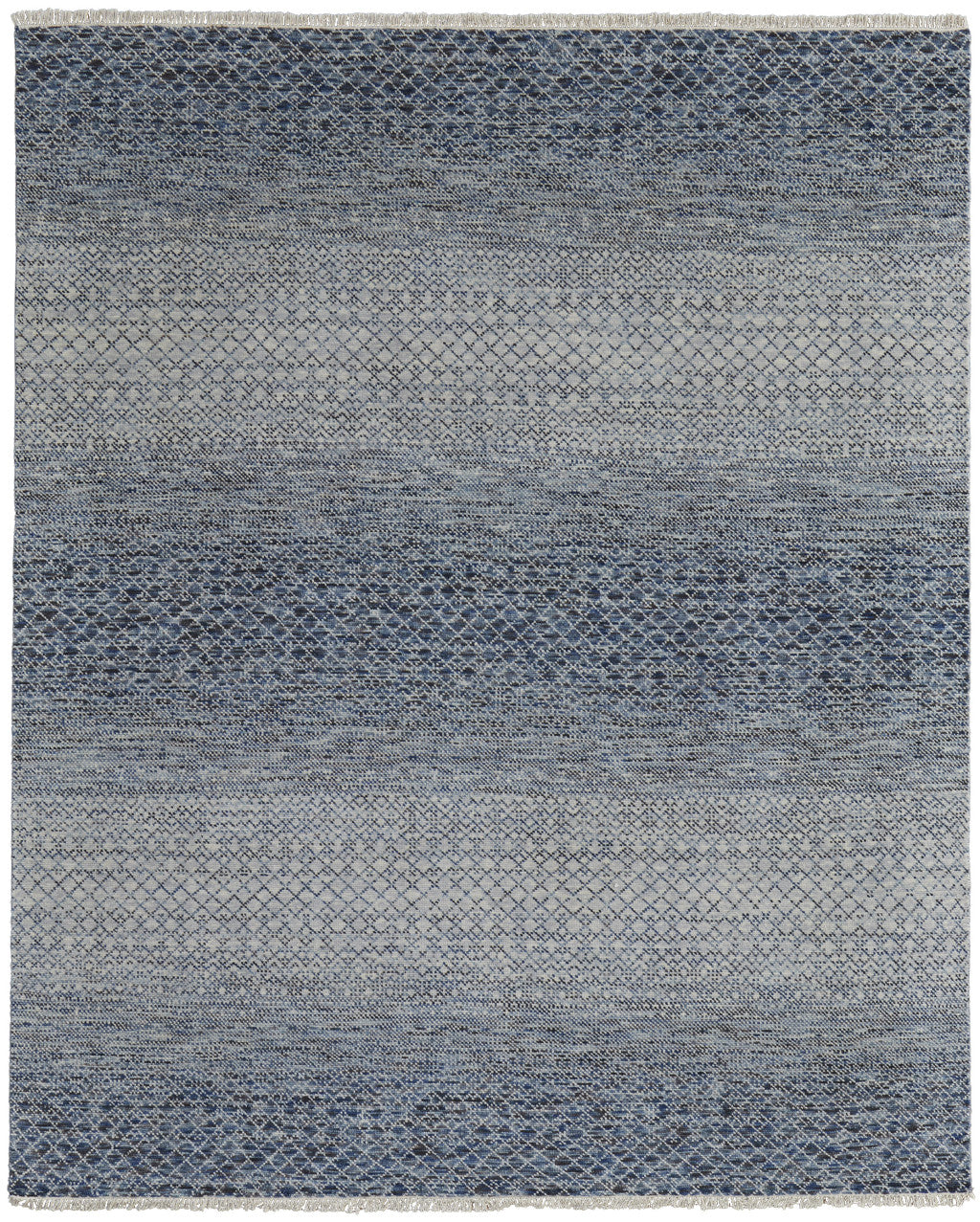 Stylish Hand-Knotted Ivory, Gray & Blue Area Rug with Fringe, Stain-Resistant