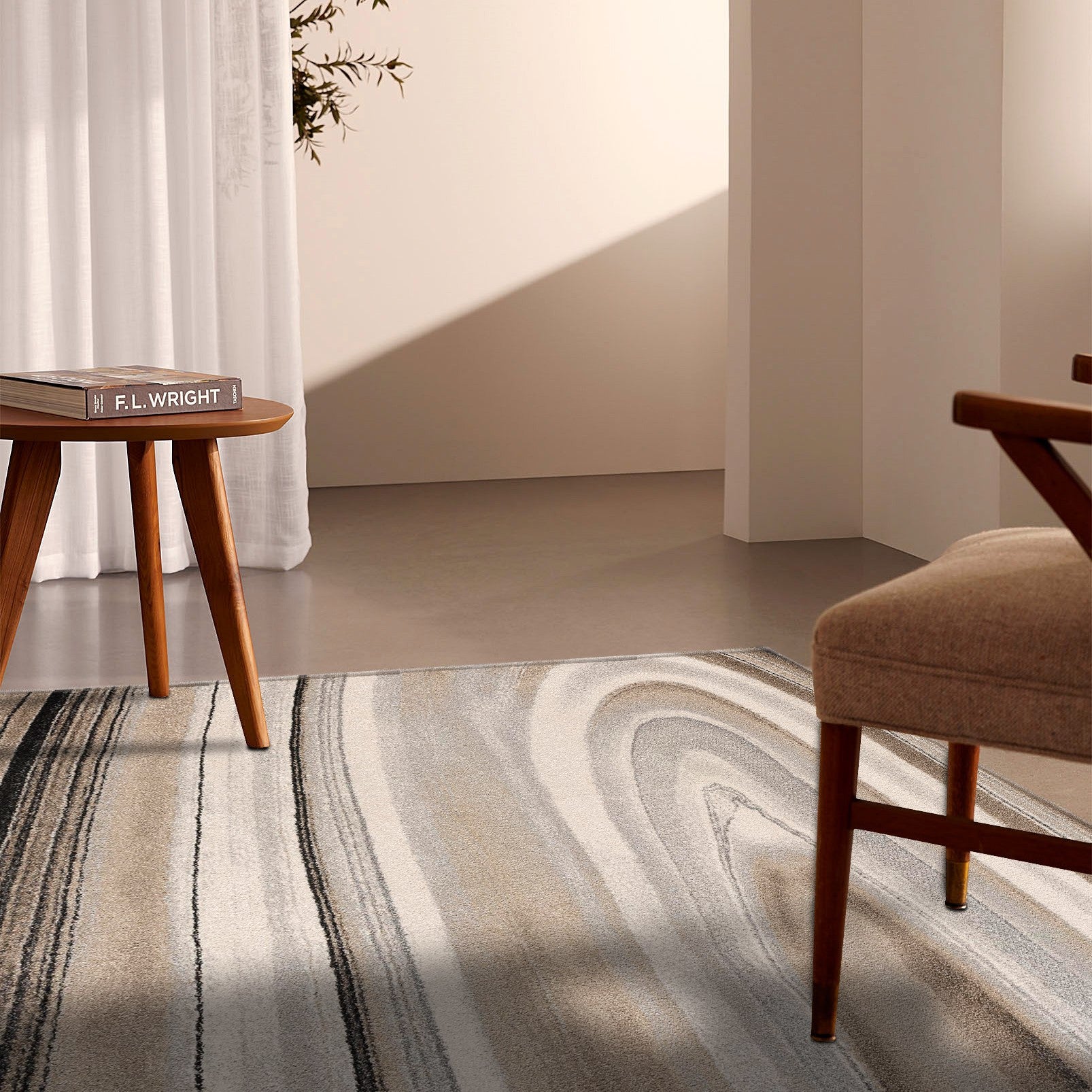 Modern Luxury Cream and Tan Abstract Marble Patterned Area Rug for Stylish Home Interior Decor