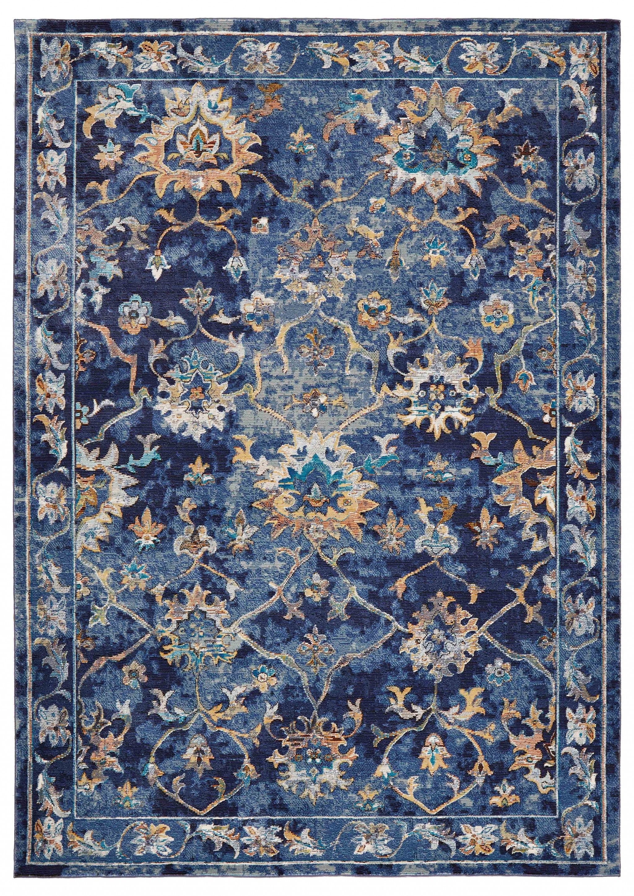 Luxurious Stain-Resistant Blue and Gold Jacobean Runner Rug with Soft Texture
