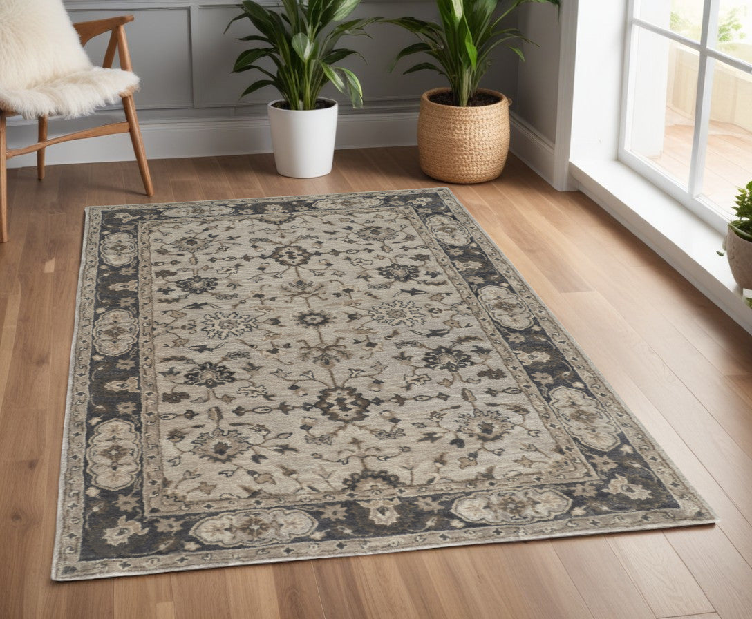 Exquisite Hand-Tufted Floral Wool Area Rug with Elegant Gray, Ivory, and Taupe Design for a Cozy and Stain-Resistant Living Space
