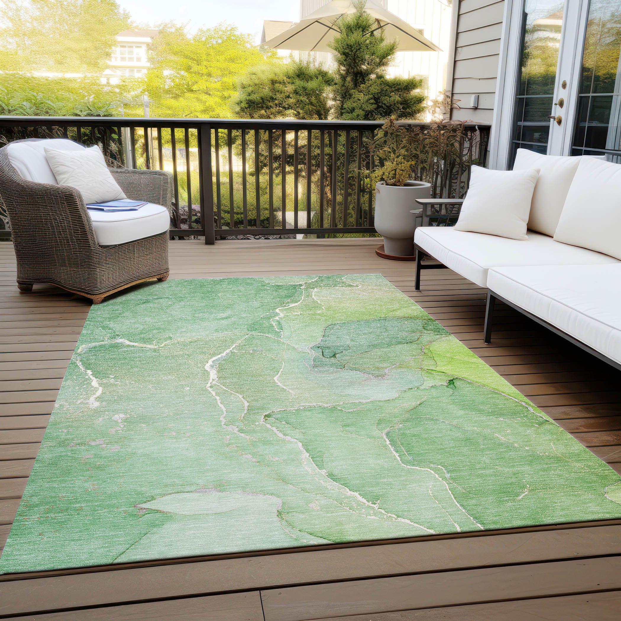 Stylish Washable & Stain-Resistant Green Abstract Indoor-Outdoor Runner Rug with Non-Skid Design