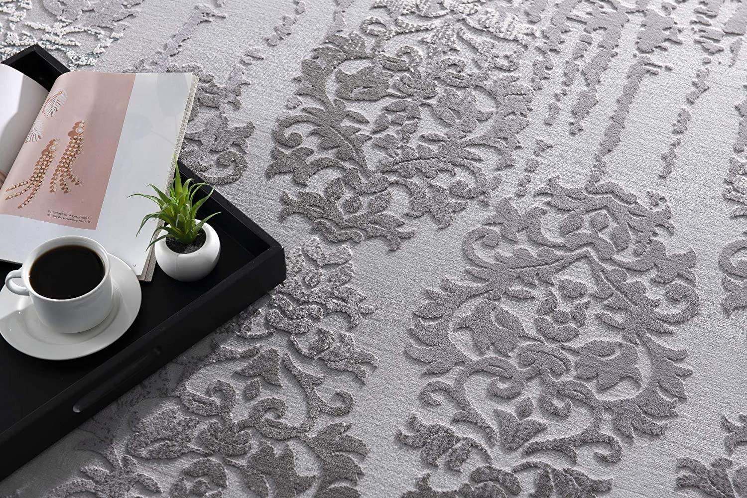6' x 9' Gray Damask Power Loom Area Rug - Stunning Design for Home Decor Upgrade