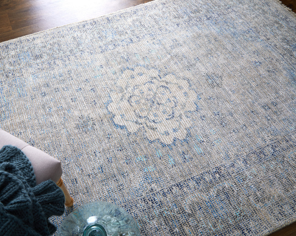 Exquisite Hand-Woven Distressed Oriental Area Rug in Blue and Ivory Shades with Stylish Fringe for Timeless Decor