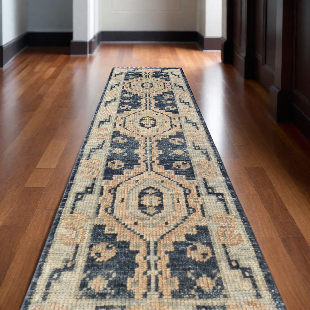 8-Foot Hand-Knotted Wool Runner Rug with Blue and Ivory Geometric Design and Fringe