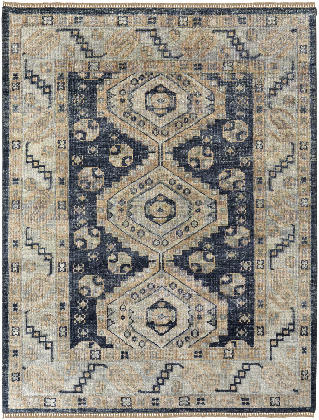 8-Foot Hand-Knotted Wool Runner Rug with Blue and Ivory Geometric Design and Fringe