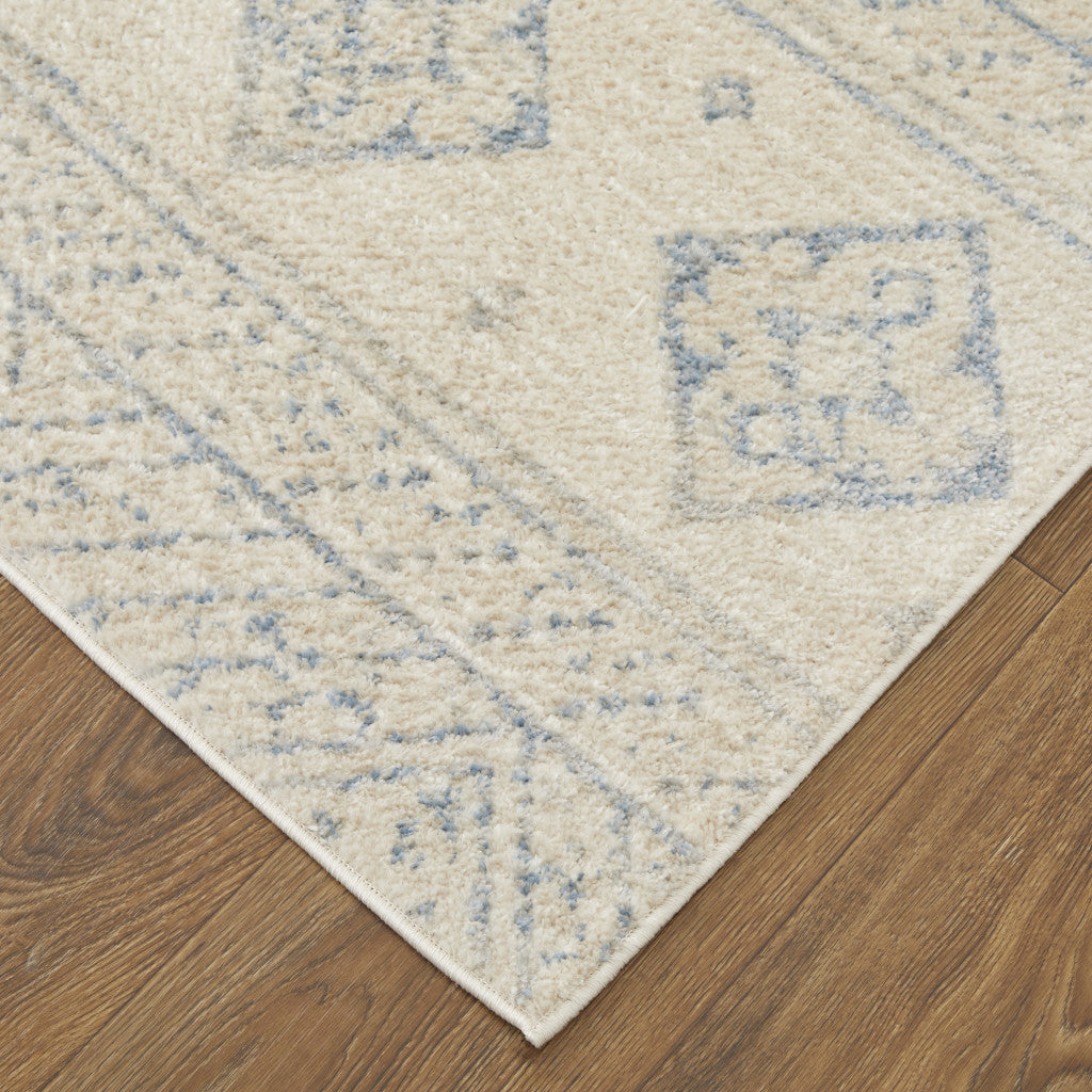 Stylish Ivory and Blue Geometric Distressed Power Loom Area Rug for Your Living Space