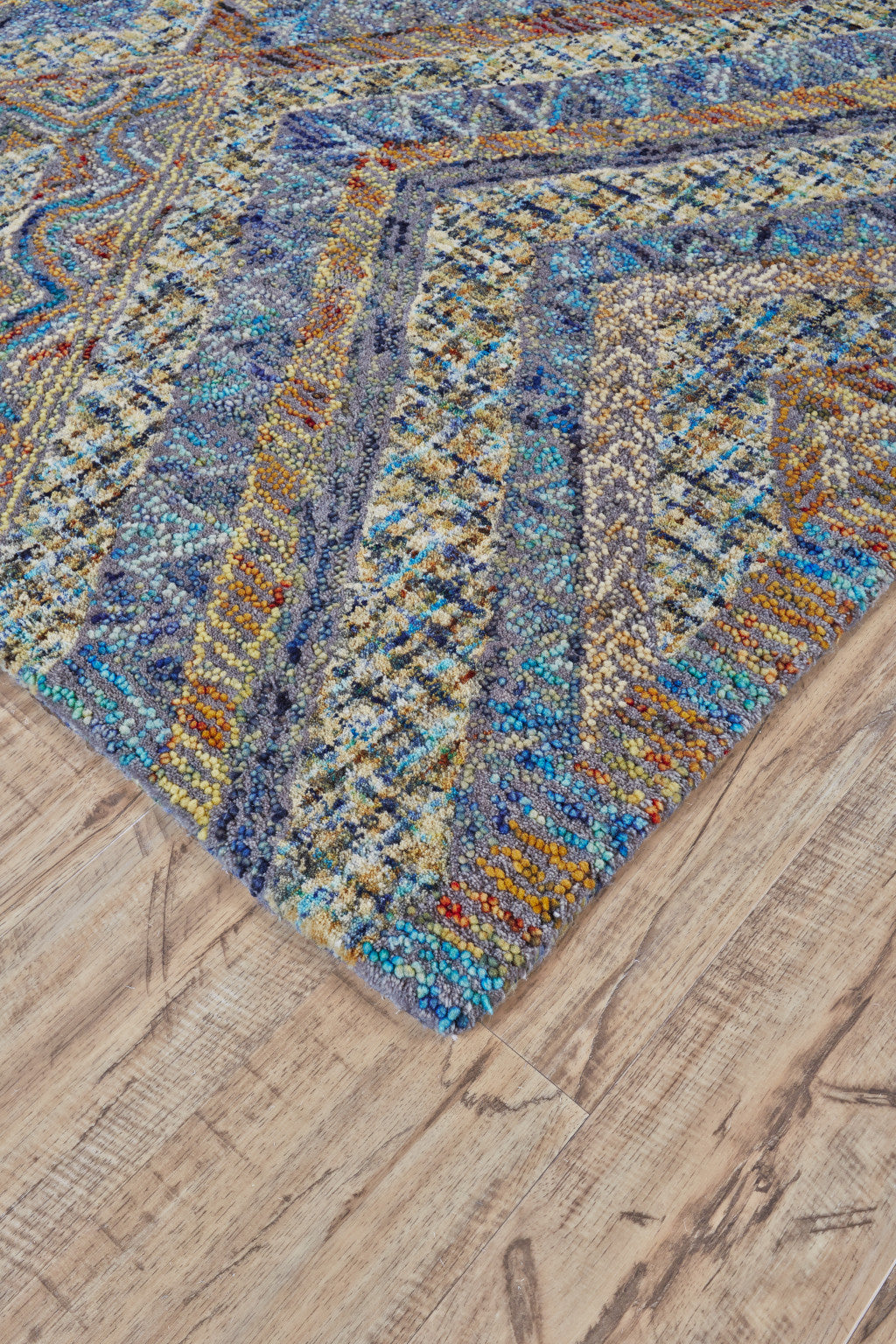 Stain-Resistant Geometric Tufted Wool Area Rug in Blue, Brown, and Orange for Stylish Home Decor