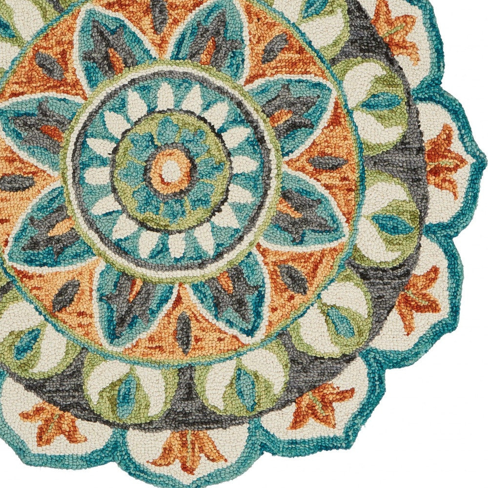 Handmade Round Area Rug in Blue, Orange & Green - Timeless Floral Elegance