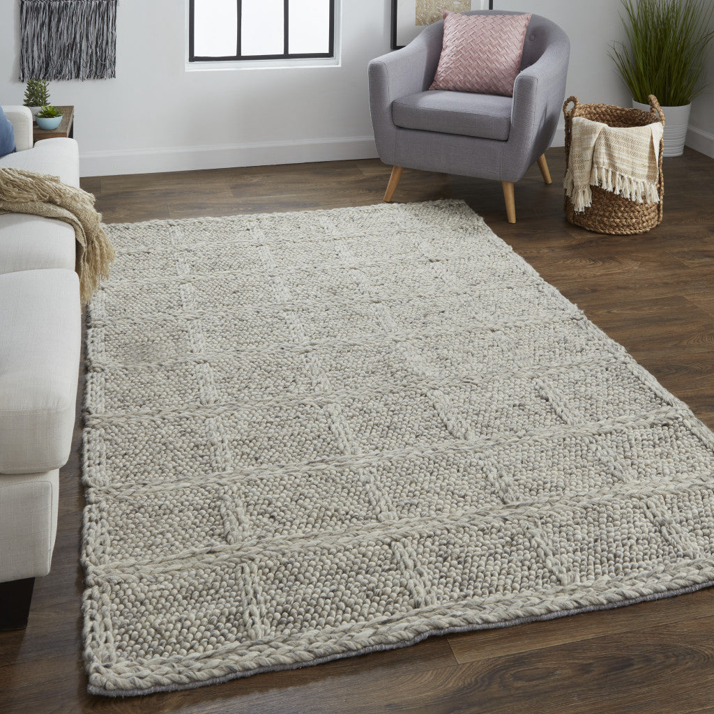 Stain-Resistant Hand-Woven Wool Area Rug in Stylish Gray and Ivory Plaid