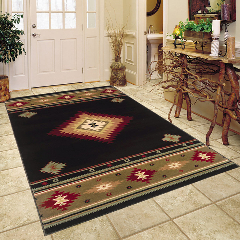 Stylish Southwestern Power Loom Area Runner Rug with Green and Black Design, Stain-Resistant, 8 Feet Long