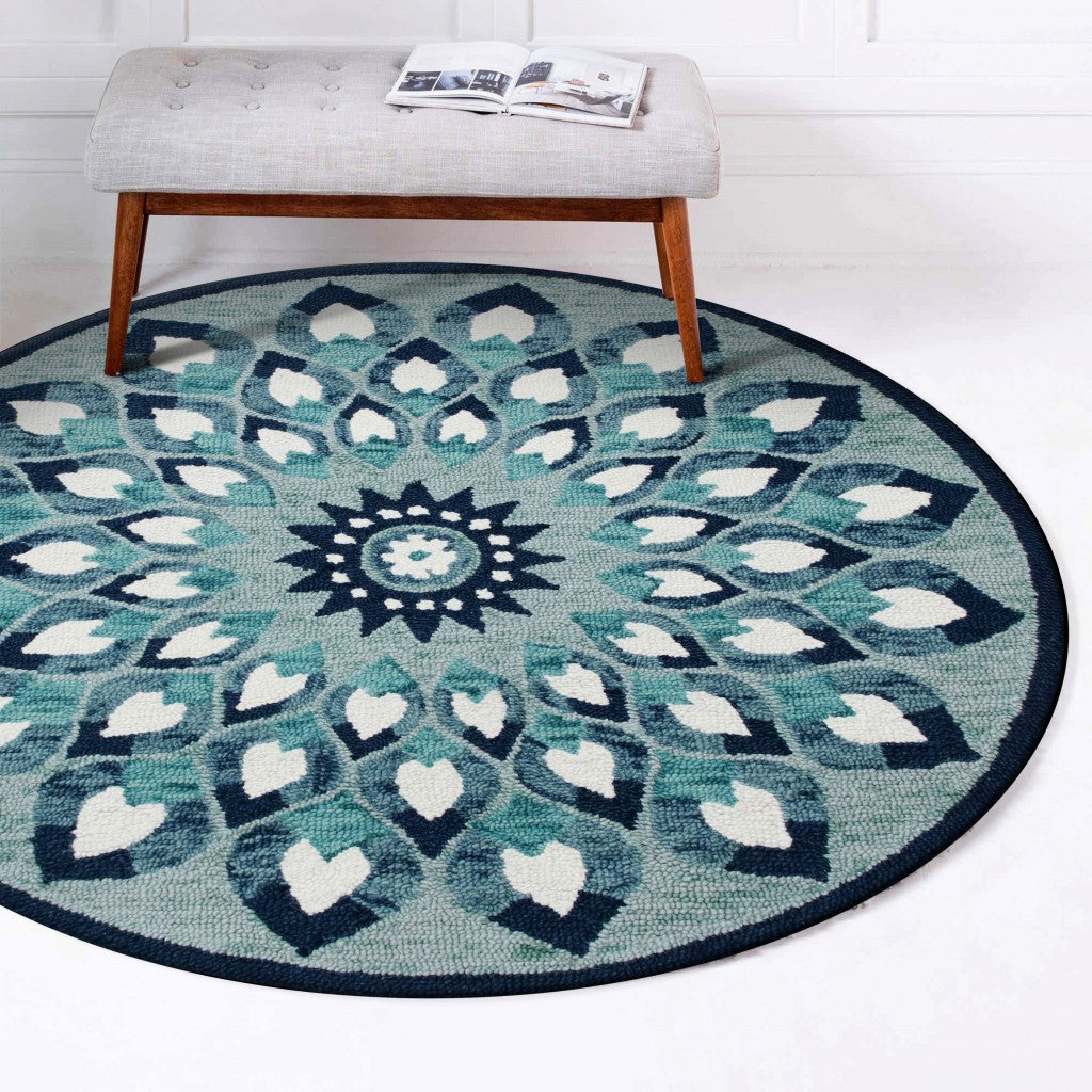 Soft Wool Round Area Rug with Blue and White Floral Feather Design for Cozy Modern Living Spaces