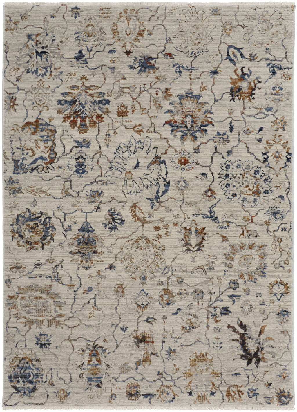 Exquisite Ivory, Orange and Blue Fringed Floral Area Rug - Non-Skid for Home Elegance