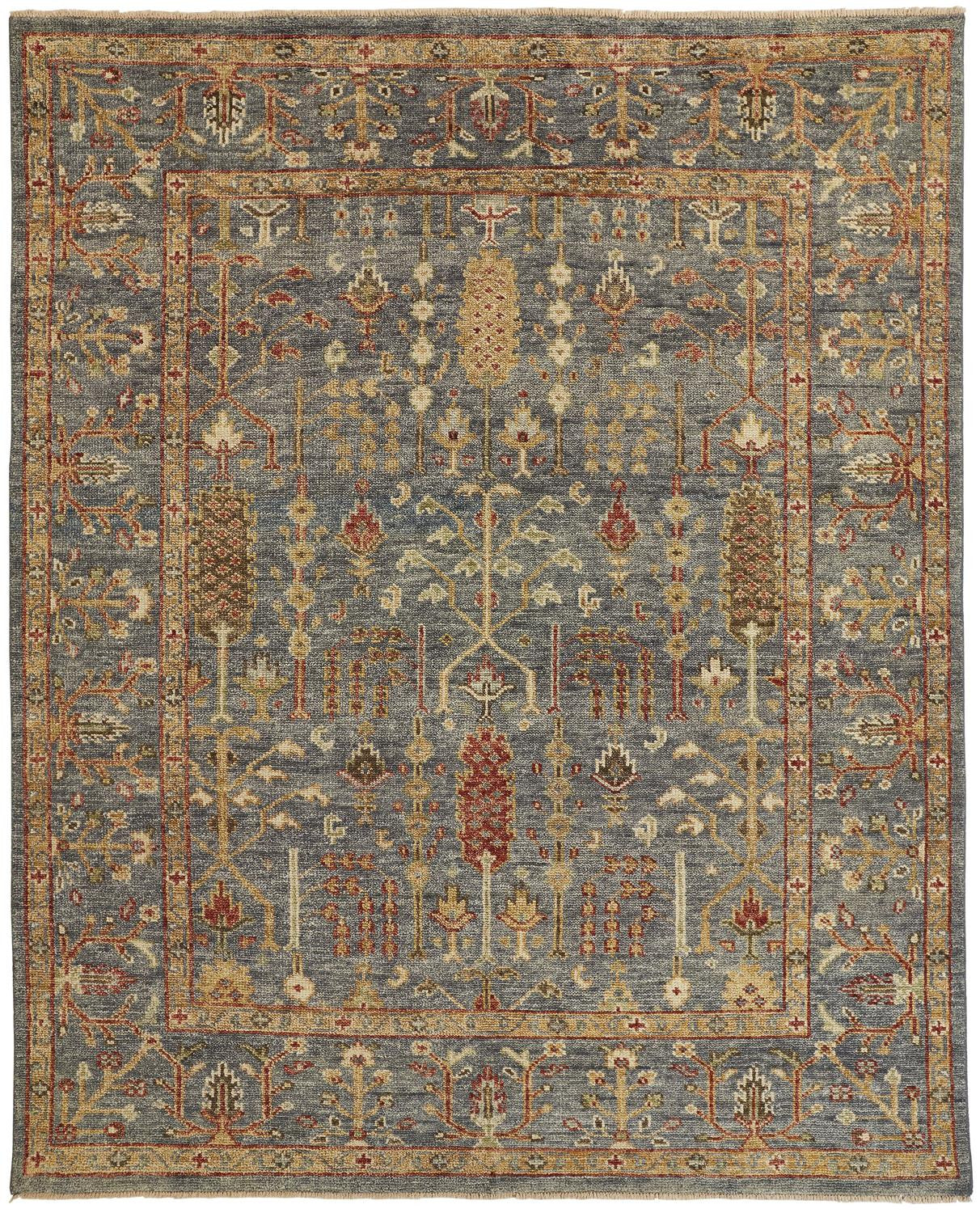 Stain-Resistant Hand-Knotted Wool Area Rug with Fringe in Gray, Gold, and Red Floral Design