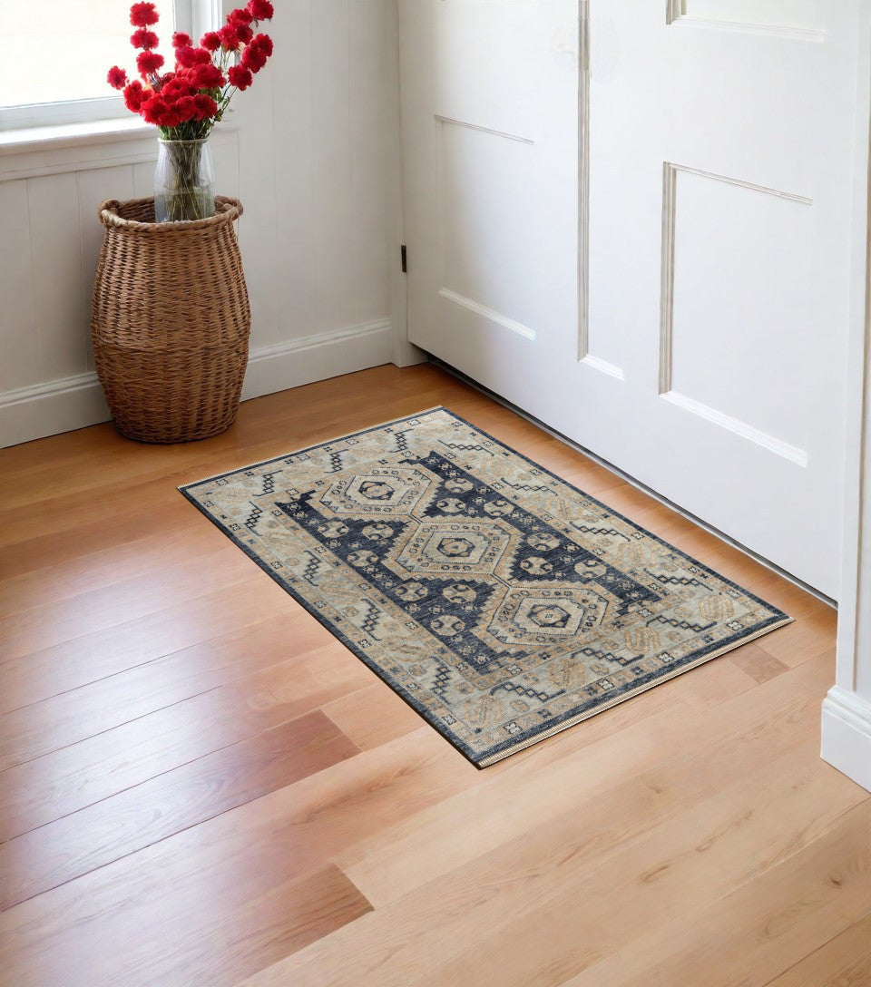 8-Foot Hand-Knotted Wool Runner Rug with Blue and Ivory Geometric Design and Fringe