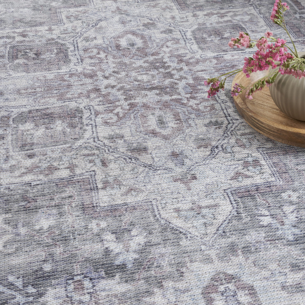 Exquisite 4' x 6' Ivory and Gray Floral Medallion Distressed Power Loom Area Rug for Elegant Homes