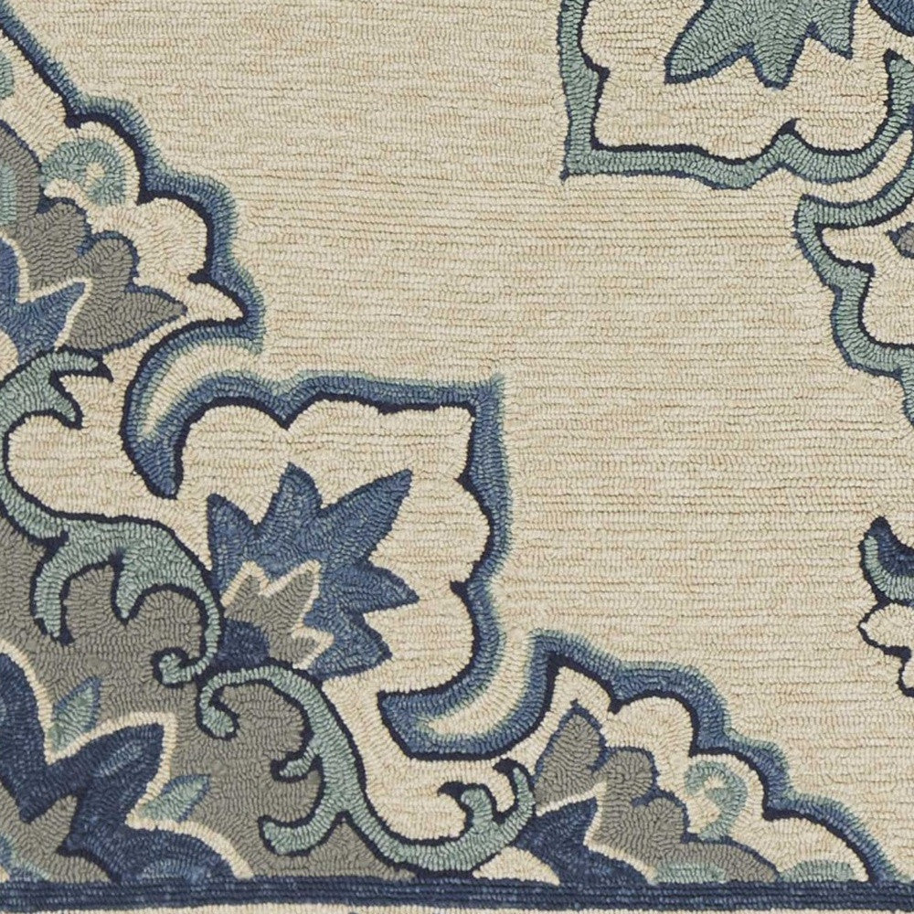 Elegant Handmade Ivory and Blue Damask Area Rug for Indoor & Outdoor Use