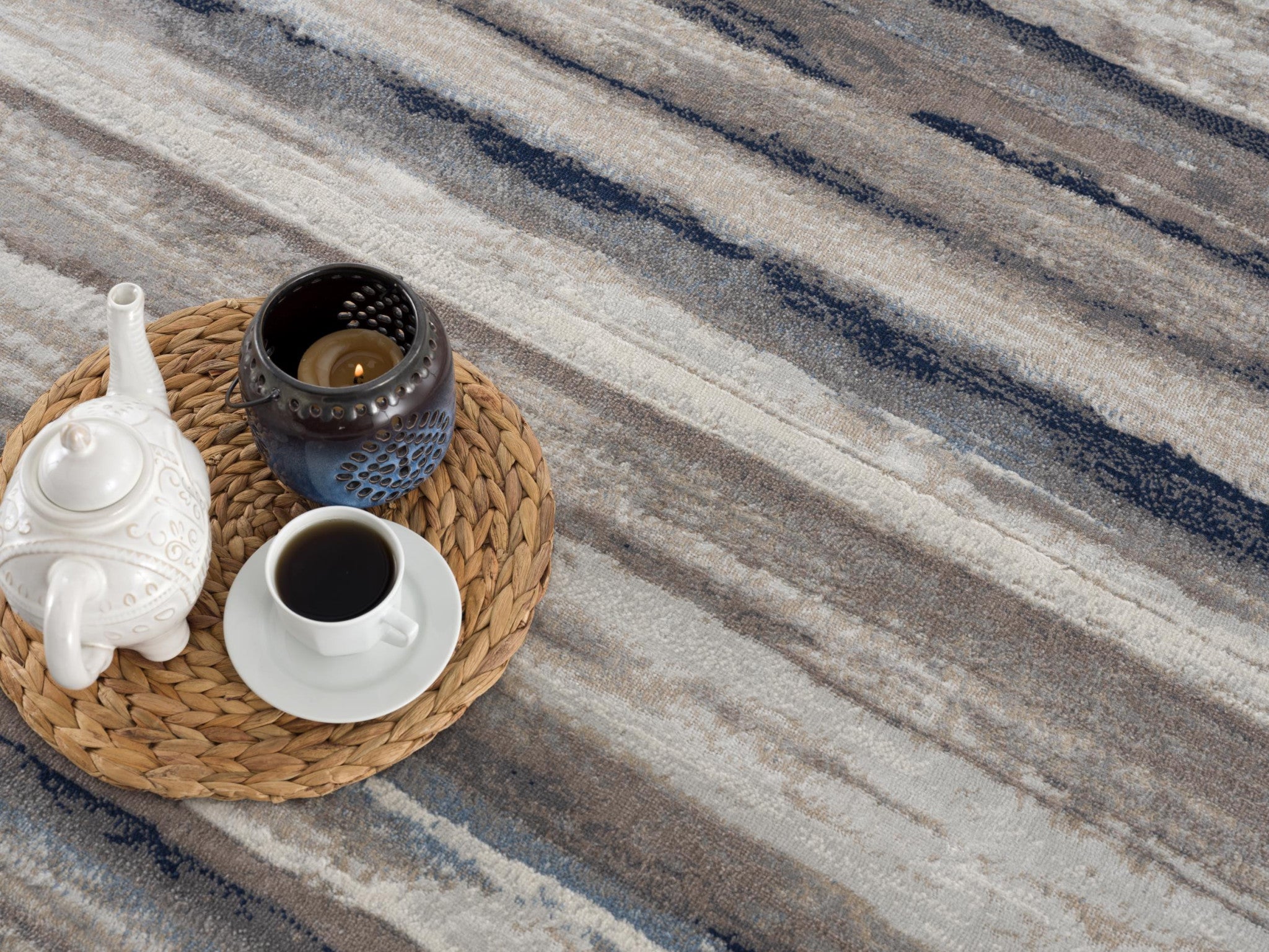 Blue and Beige Distressed Design Stain-Resistant Striped Runner Rug Ideal for Kids and Pets, Measuring 10ft