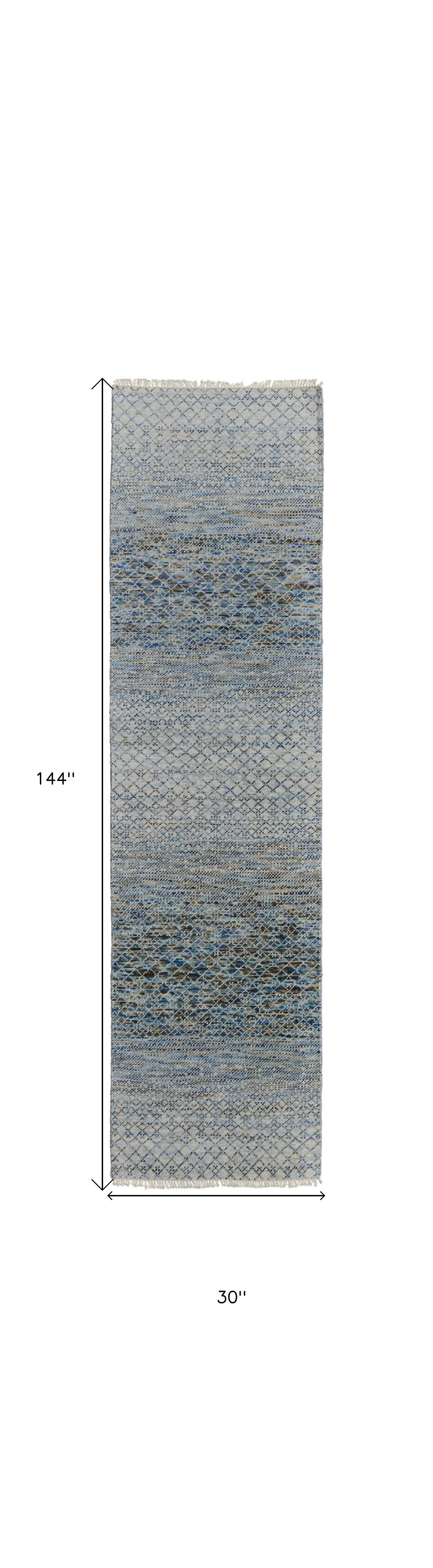 Stylish Hand-Knotted Ivory, Gray & Blue Area Rug with Fringe, Stain-Resistant