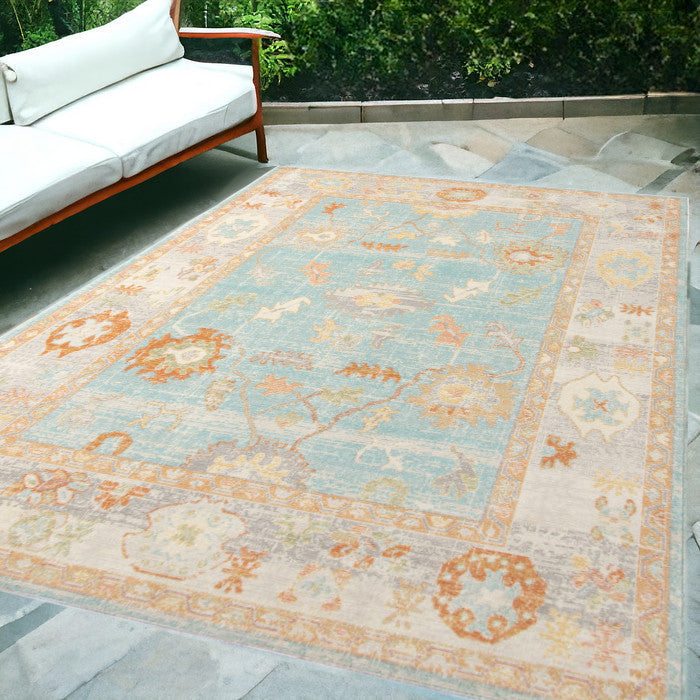Stain-Resistant Blue and Orange Floral Outdoor Rugs for Indoor/Outdoor Spaces