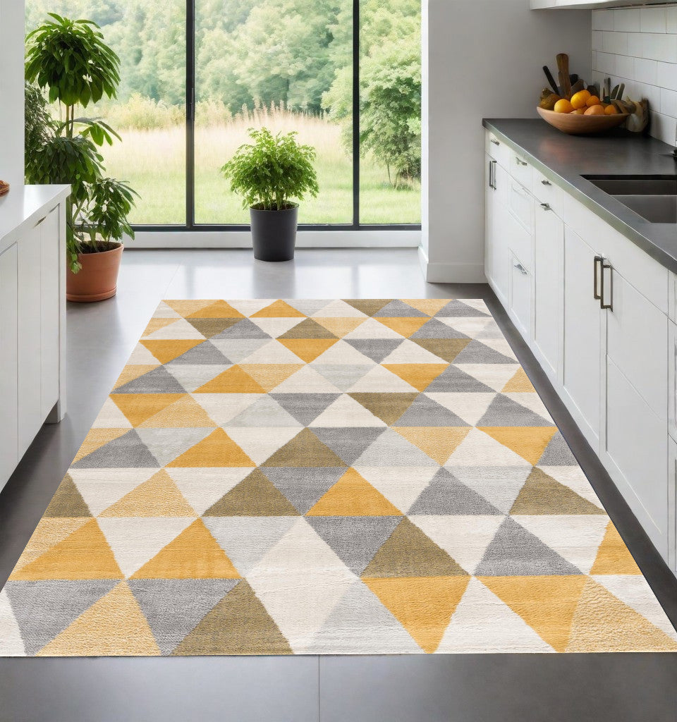 Stylish Geometric Yellow and Ivory Runner Rug - Enhance Your Space with Contemporary Warmth and Design