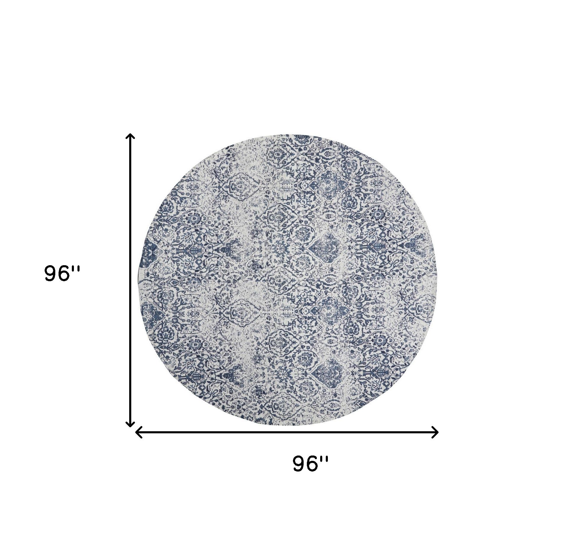 High - Quality 8 - Foot Navy Blue and Ivory Distressed Damask Pattern Round Area Rug with Durability, Stain Resistance and Soft Texture