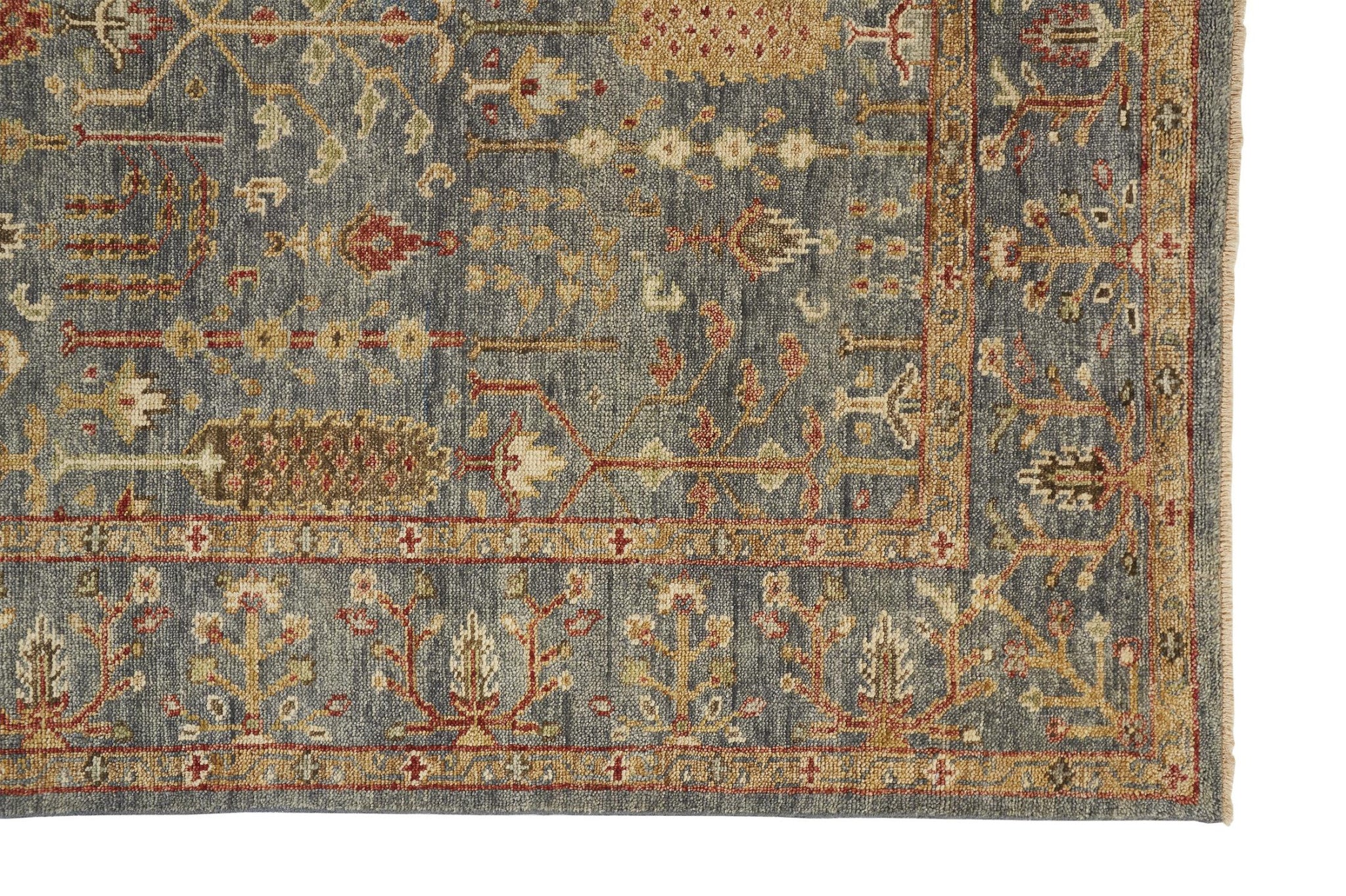 Stain-Resistant Hand-Knotted Wool Area Rug with Fringe in Gray, Gold, and Red Floral Design
