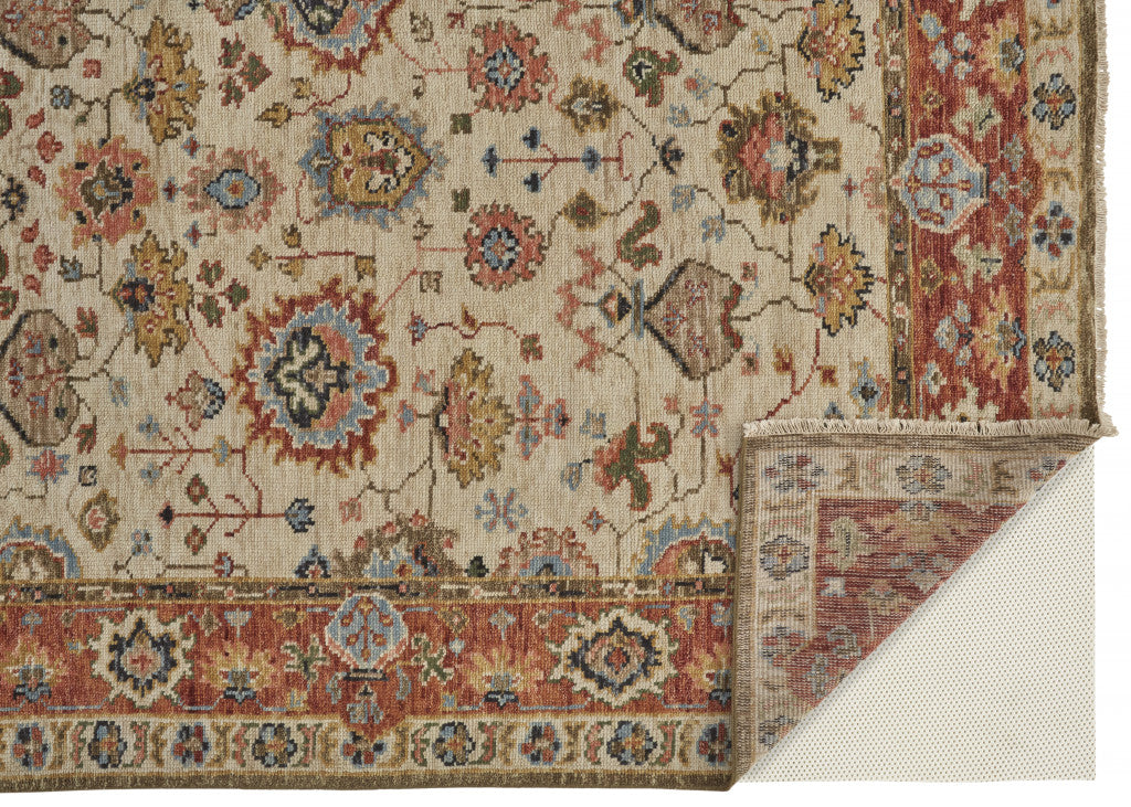 Stain-Resistant Hand-Knotted Wool Area Rug with Elegant Red & Ivory Floral Pattern
