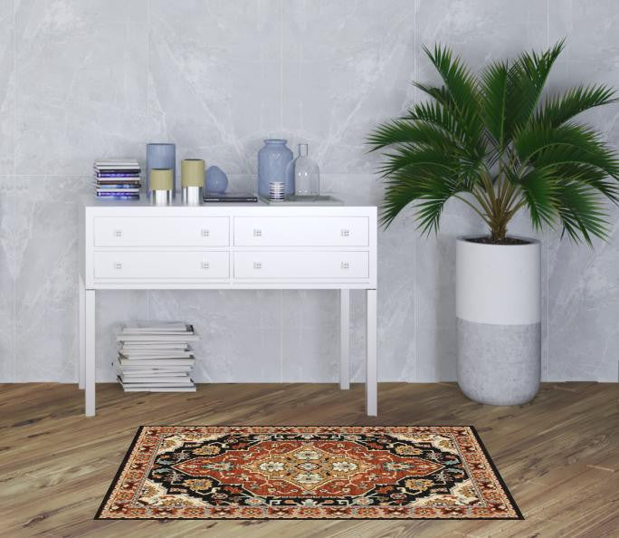 Stylish and Stain-Resistant Black and Orange Oriental Design Power Loom Area Rug - Ideal for Every Room in Your Home