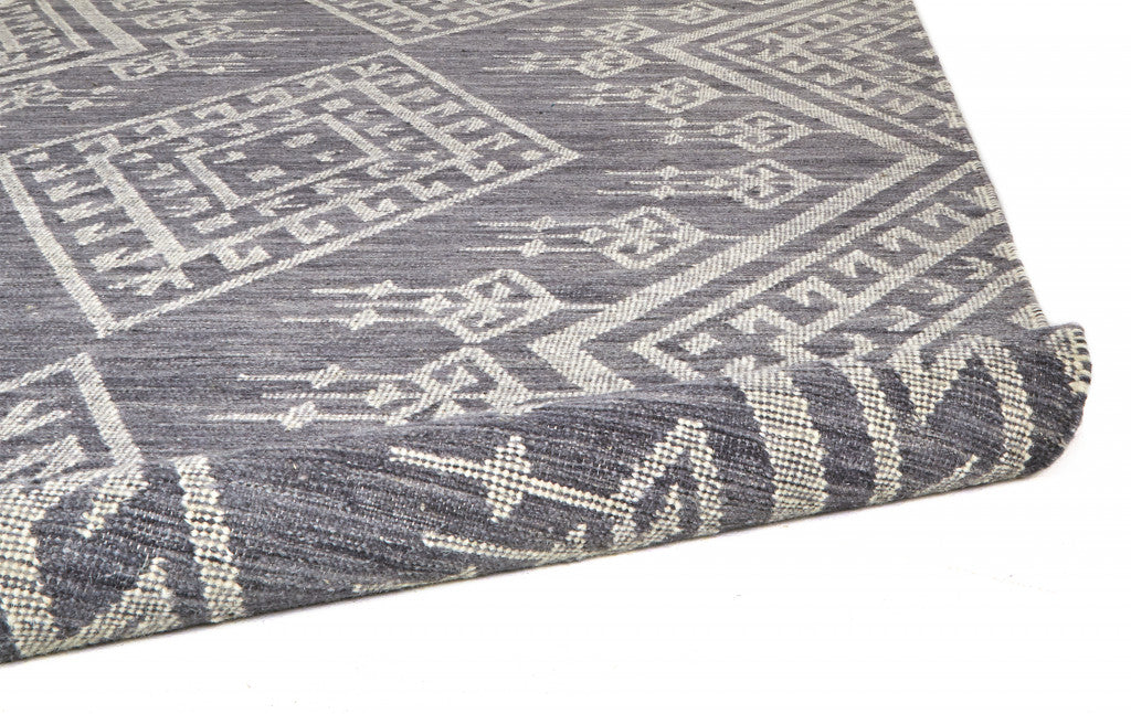 Exquisite Handmade Geometric Dhurrie Style Area Rug in Gray, Ivory and Blue with Elegant Timeless Fringe Design