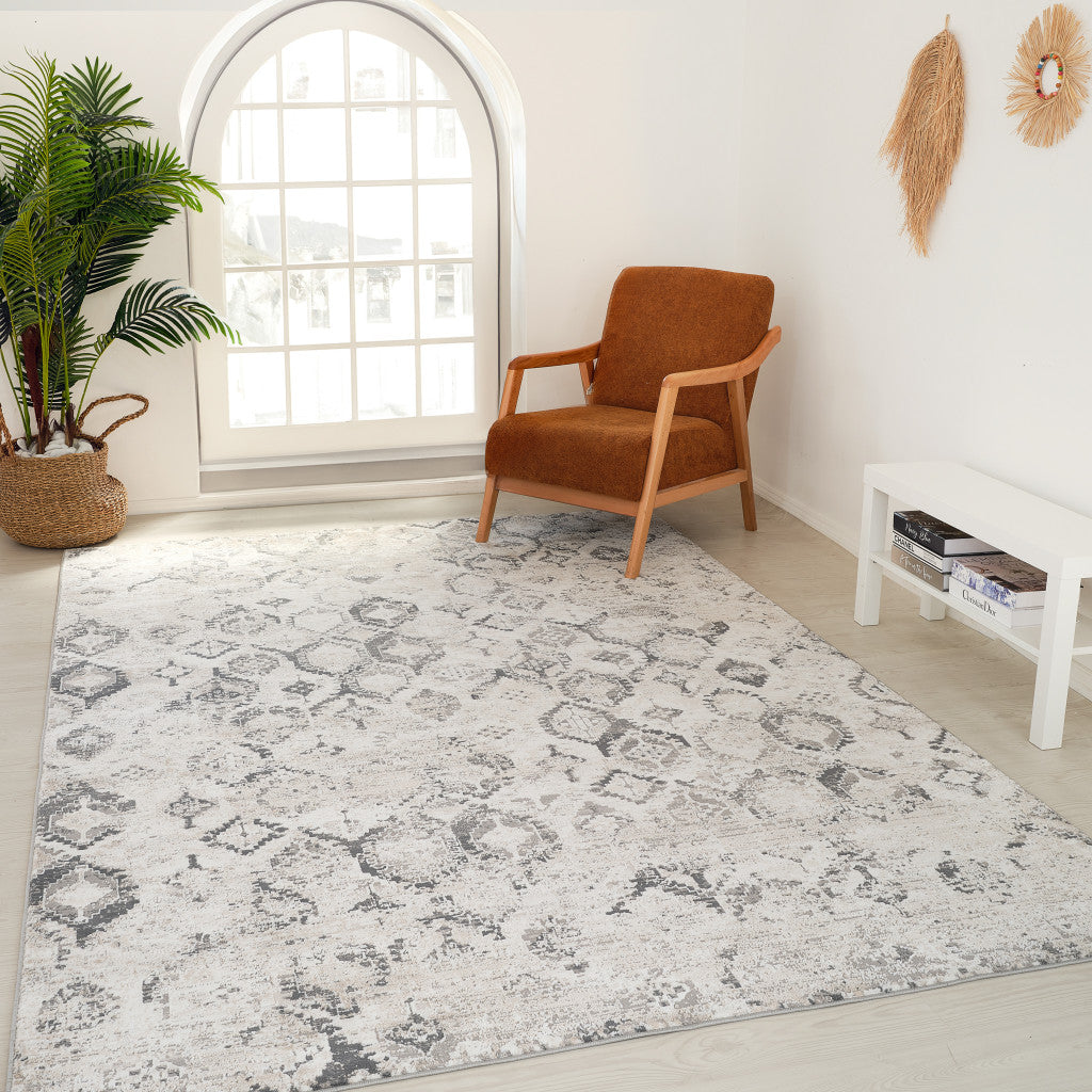 Stylish 7' x 10' Beige and Gray Abstract Distressed Stain - Resistant Area Rug