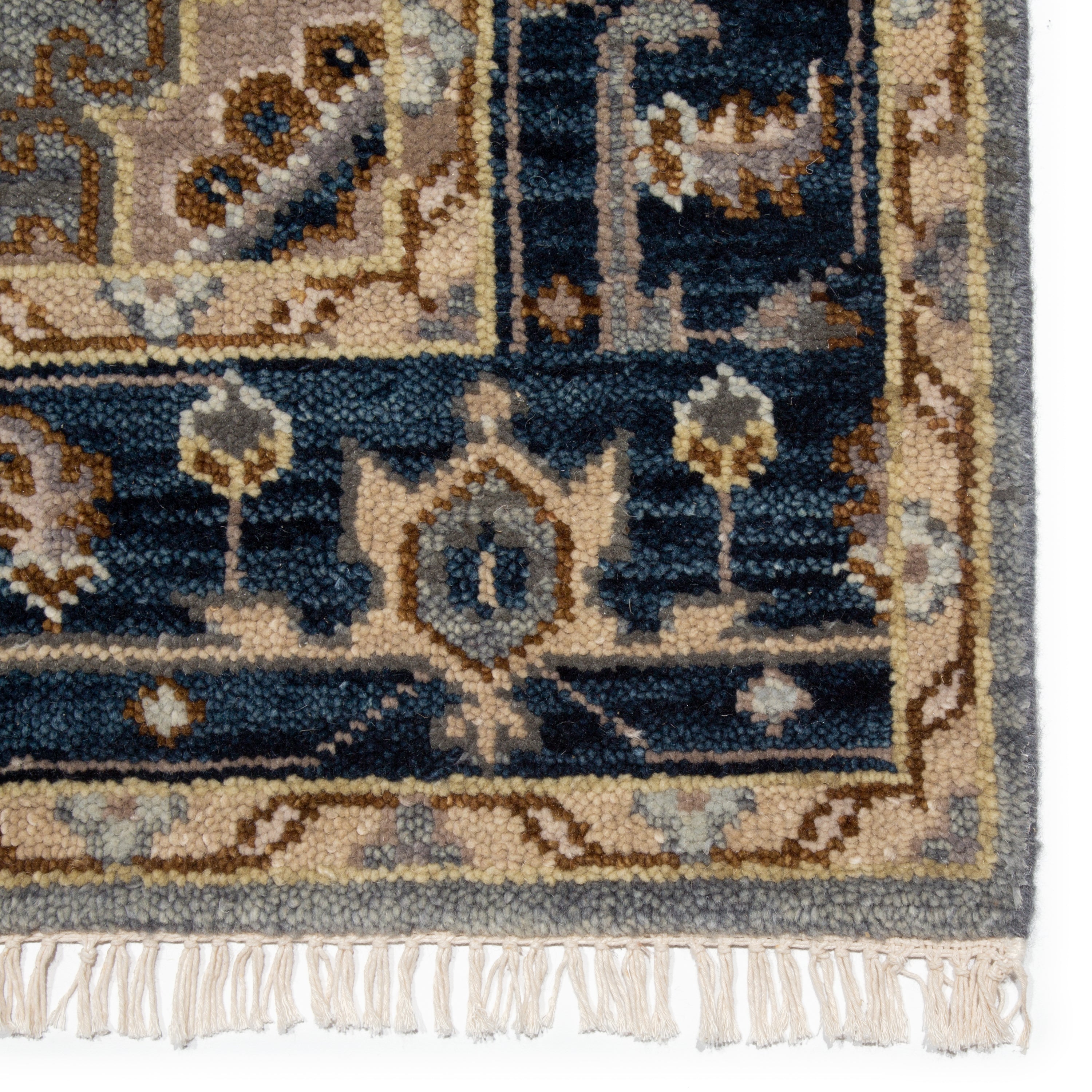 Liberty Andrews Handmade 100% Wool Hand Knotted Indoor Area Rug with Artisan Medallion Design in Gray, Blue, Rust and Ivory Fringe