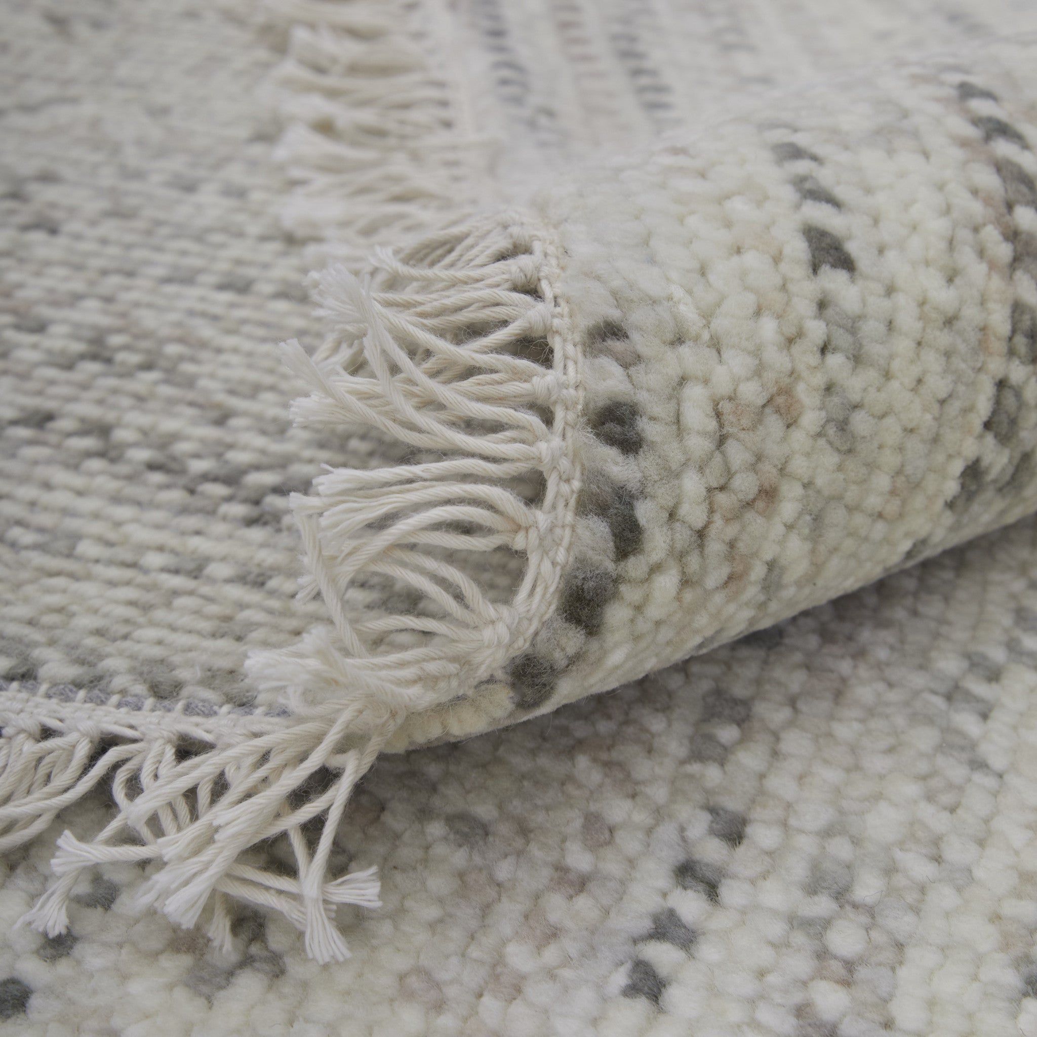 Stylish Hand-Knotted Ivory, Gray & Blue Area Rug with Fringe, Stain-Resistant