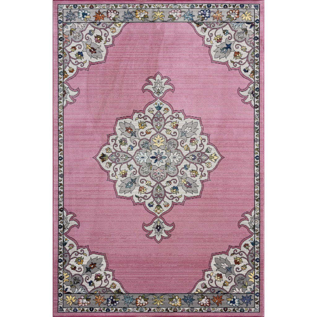Luxurious, Stain-Resistant Pink Traditional Medallion Area Rug for Any Space