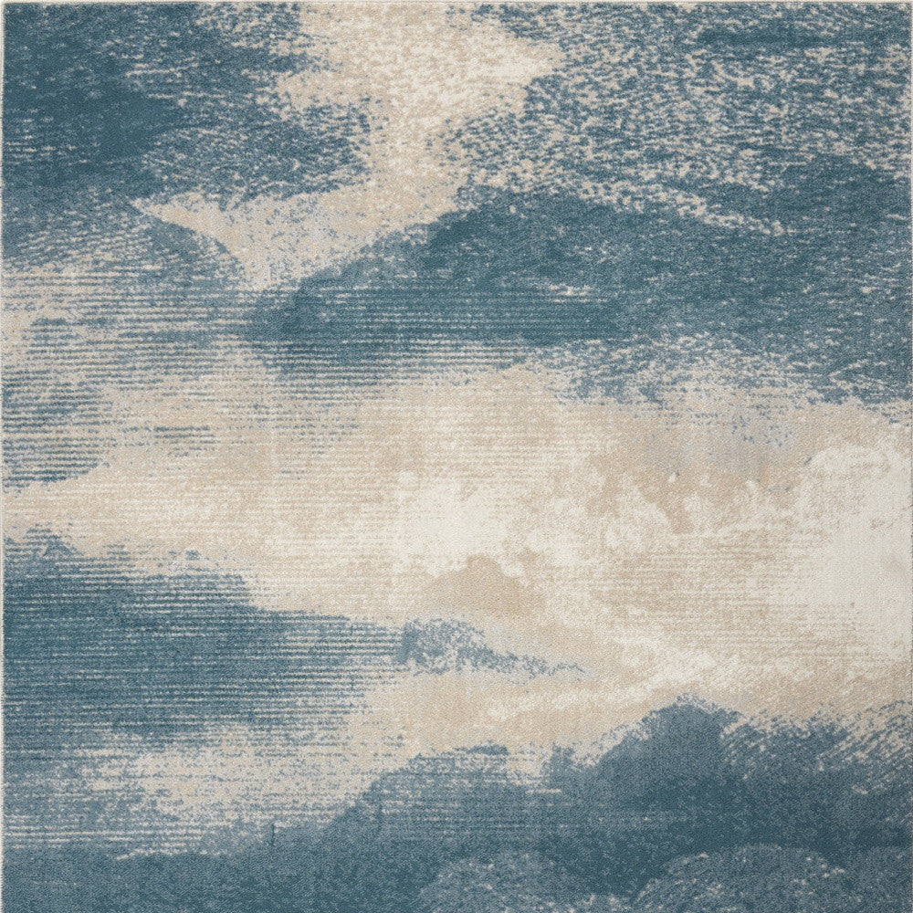 Stain-Resistant and Durable Ivory and Teal Blue Abstract Polyester Area Rug, Ideal for Spaces with Kids and Pets