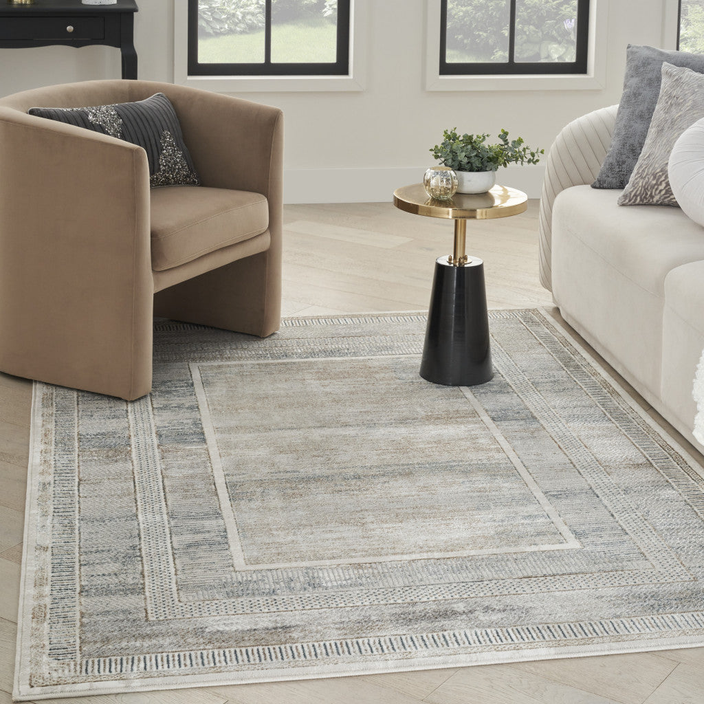 Stylish and Durable 5-Foot by 7-Foot Elegant Ivory, Blue, and Gray Geometric Non-Slip Area Rug with Stain-Resistant Feature