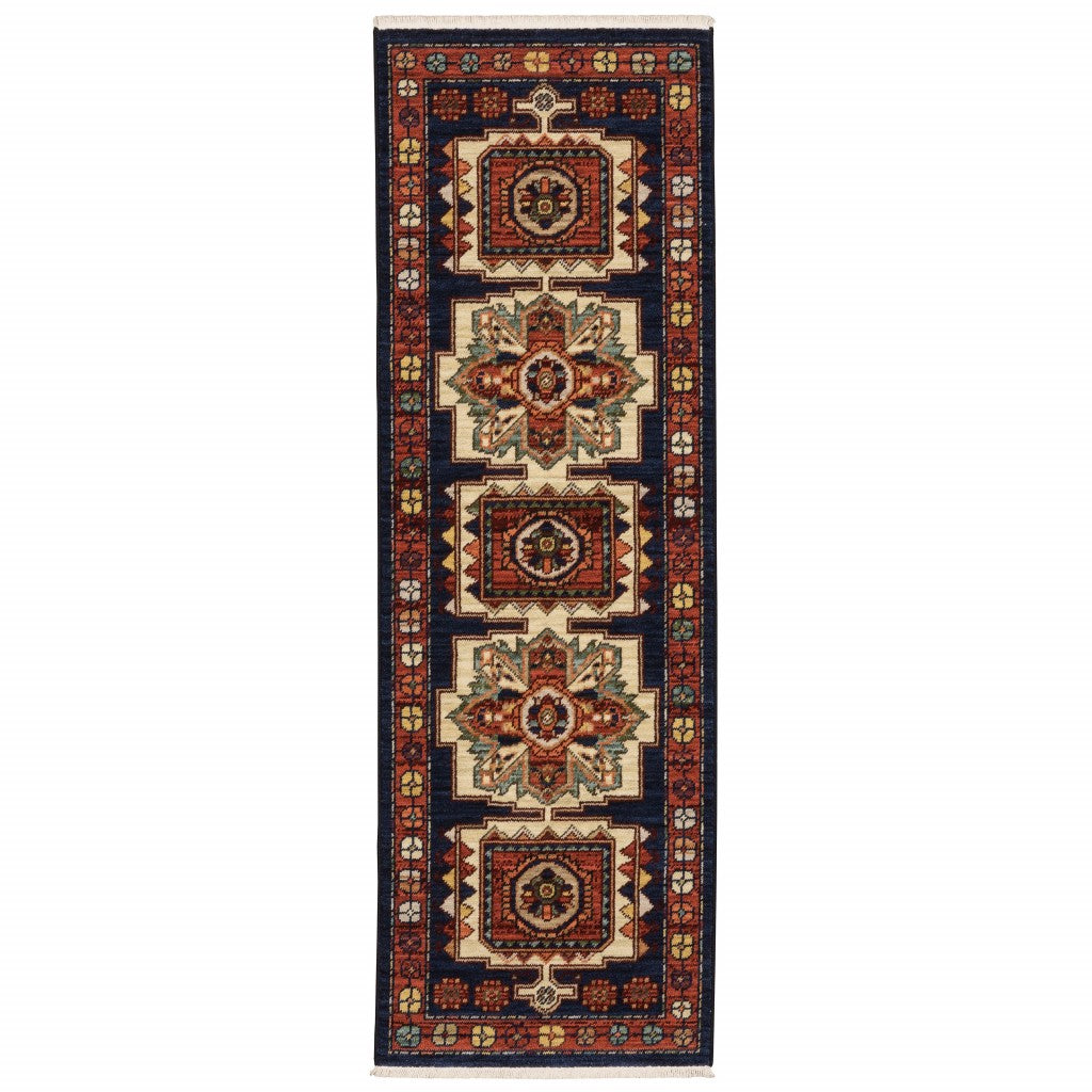 Durable Bohemian-Style Blue and Red Traditional Scatter Rug with Medallion Designs